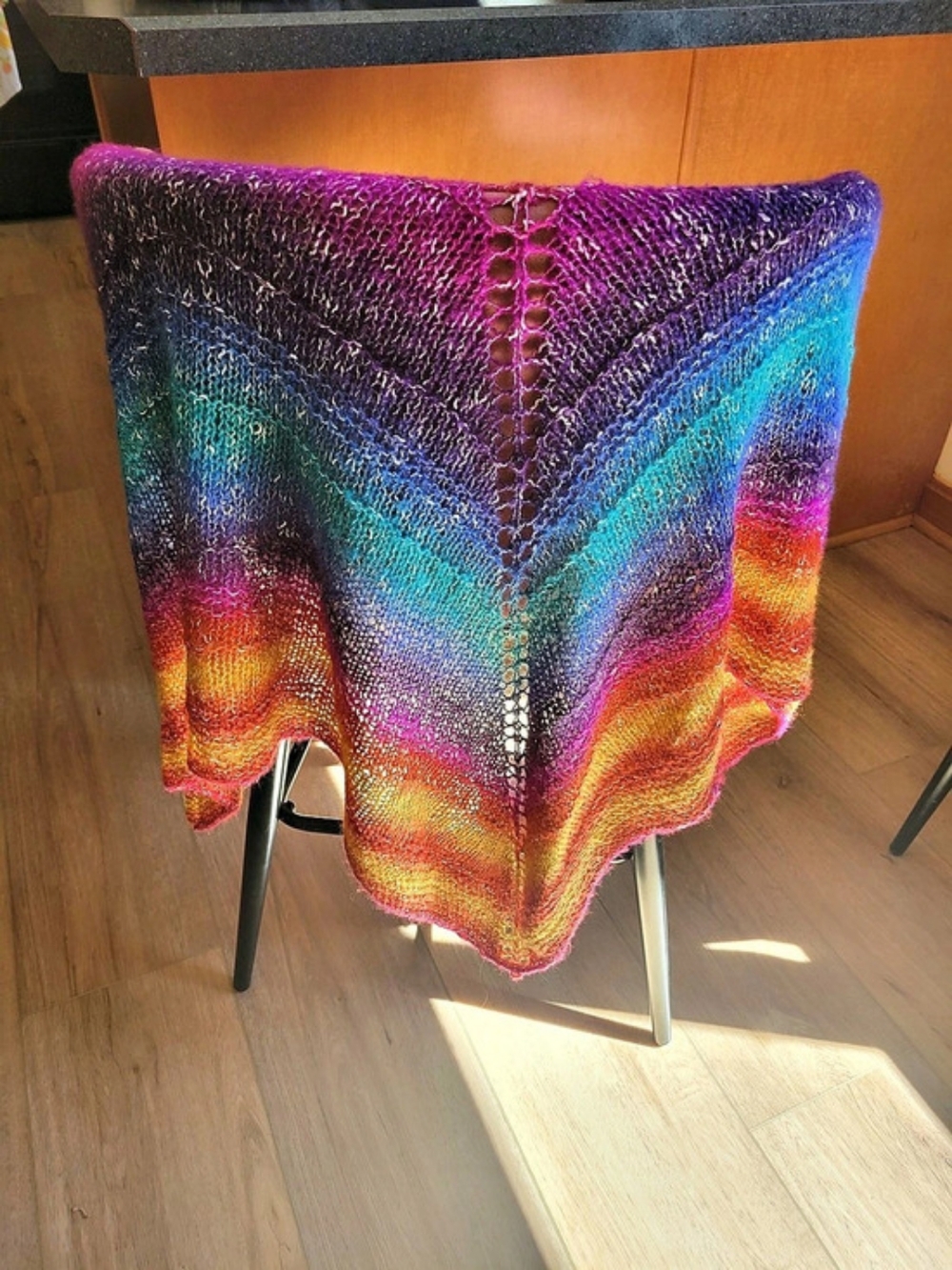 🌈 Stunning Hand-Knit Rainbow Shawl – Vibrant Triangular Wrap
